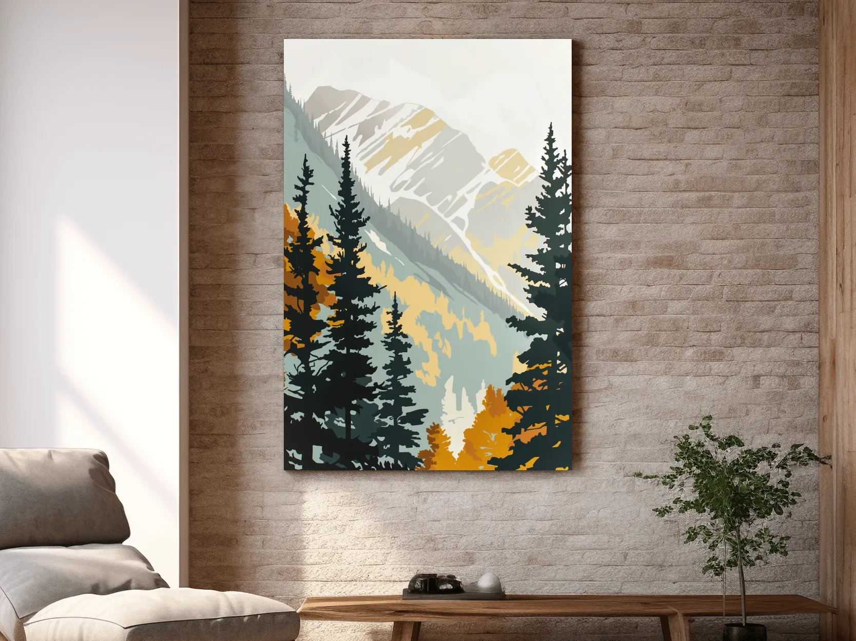 Minimalist Alpine Mountain & Pine Forest - Scandinavian Landscape Wall Art