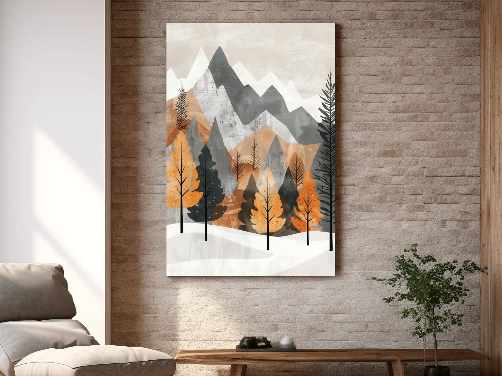 Scandinavian Autumn Mountain Forest Landscape - Minimalist Alpine Wall Art