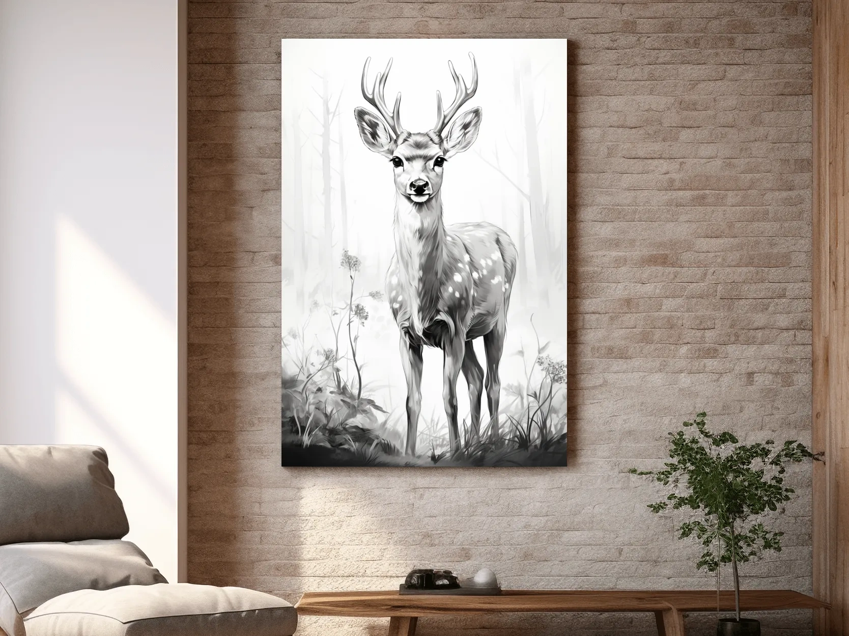 Minimalist Black And White Deer Sketch - Woodland Wildlife Wall Art