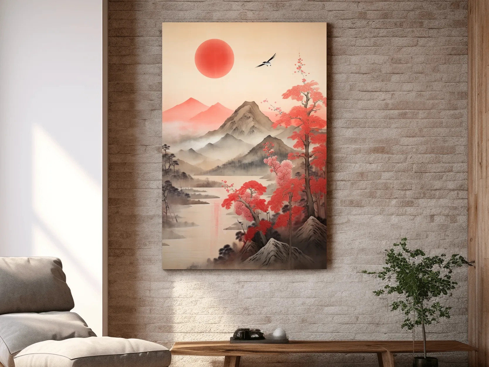 Japanese Ink Wash Mountain Sunrise - Sakura Cherry Blossom Wall Art