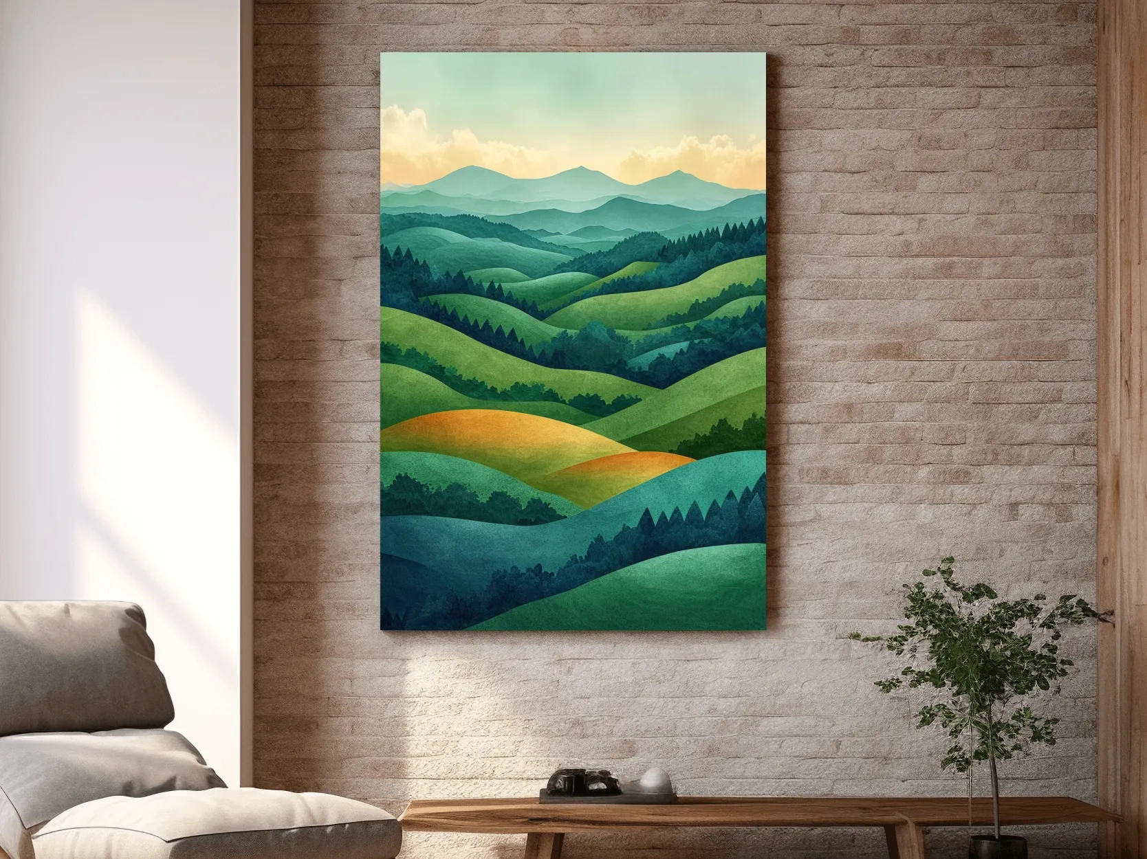 Layered Emerald Rolling Hills Landscape - Serene Scandinavian Nature Wall Art