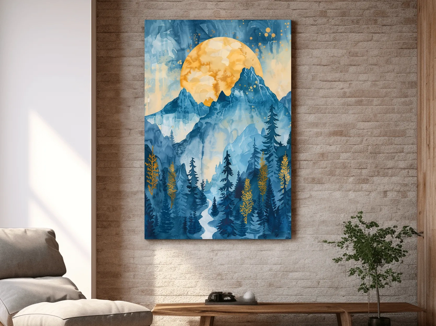 Alpine Sunset Watercolor Painting - Mountain Forest Landscape Wall Art