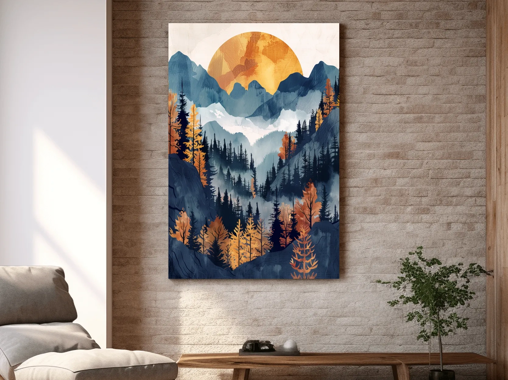 Foggy Autumn Alpine Forest Sunset - Modern Watercolor Mountain Wall Art