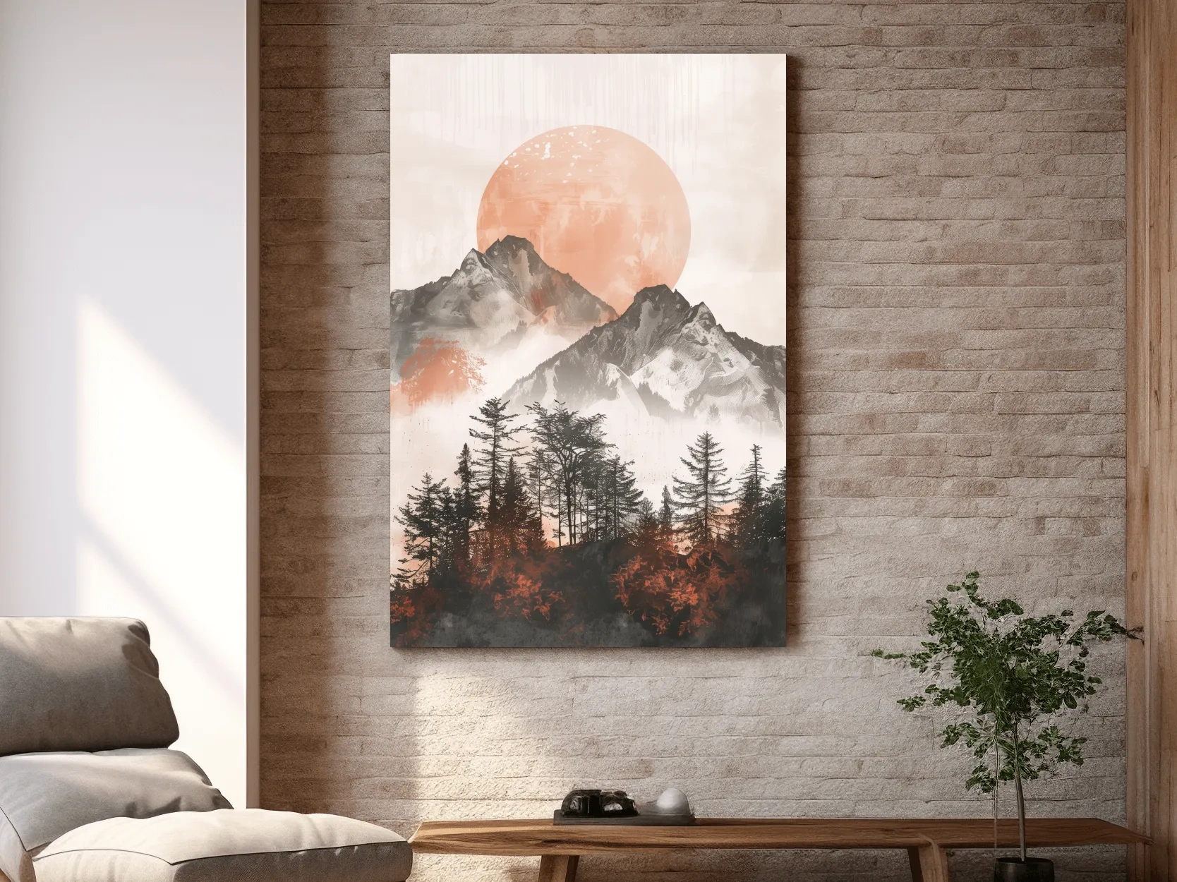 Japandi Mountain Sunrise With Pine Forest - Minimalist Watercolor Landscape Art