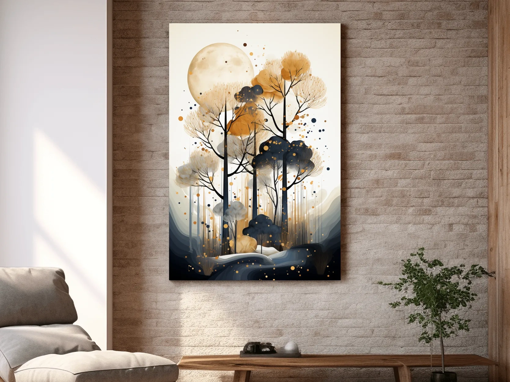 Surreal Chic Moonlit Boho Forest Illustration - Modern Botanical Wall Art
