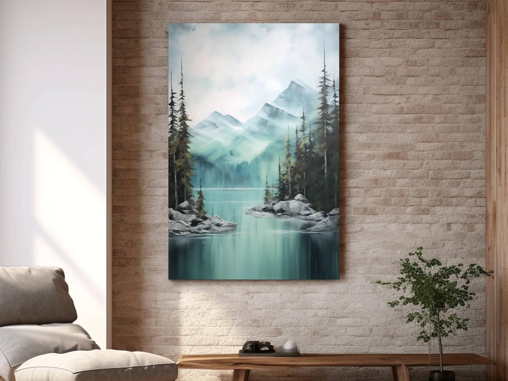 Misty Turquoise Mountain Lake Landscape - PNW Watercolor Forest Wall Art