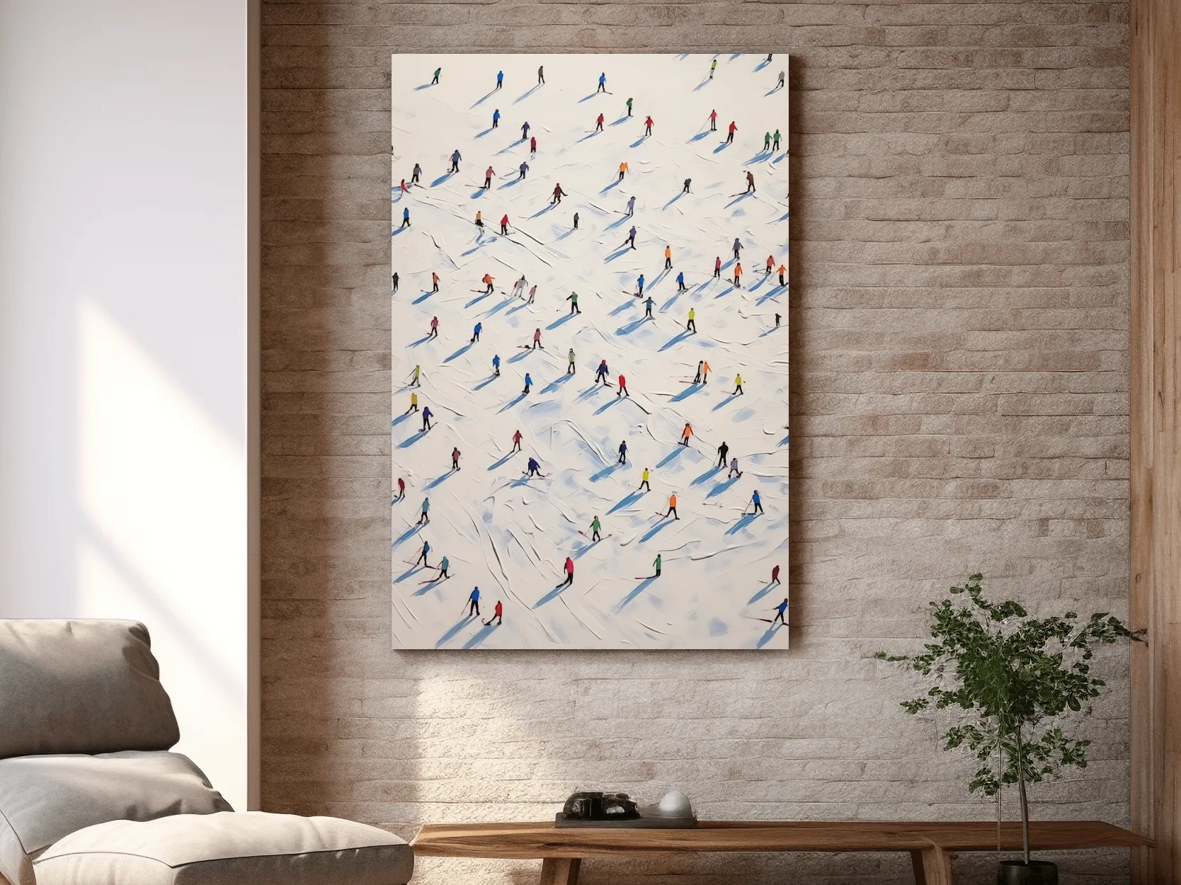 Lots of little skiers in a ski resort, textured painting effect