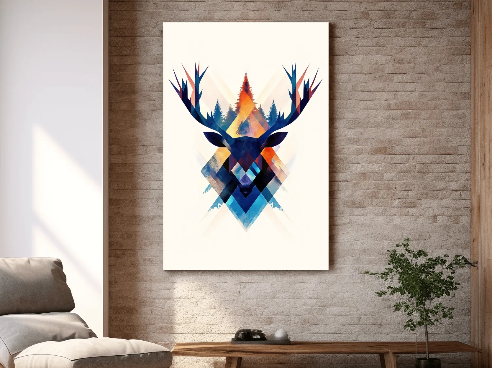Geometric Watercolor Deer Head Silhouette - Modern Wildlife Forest Wall Art