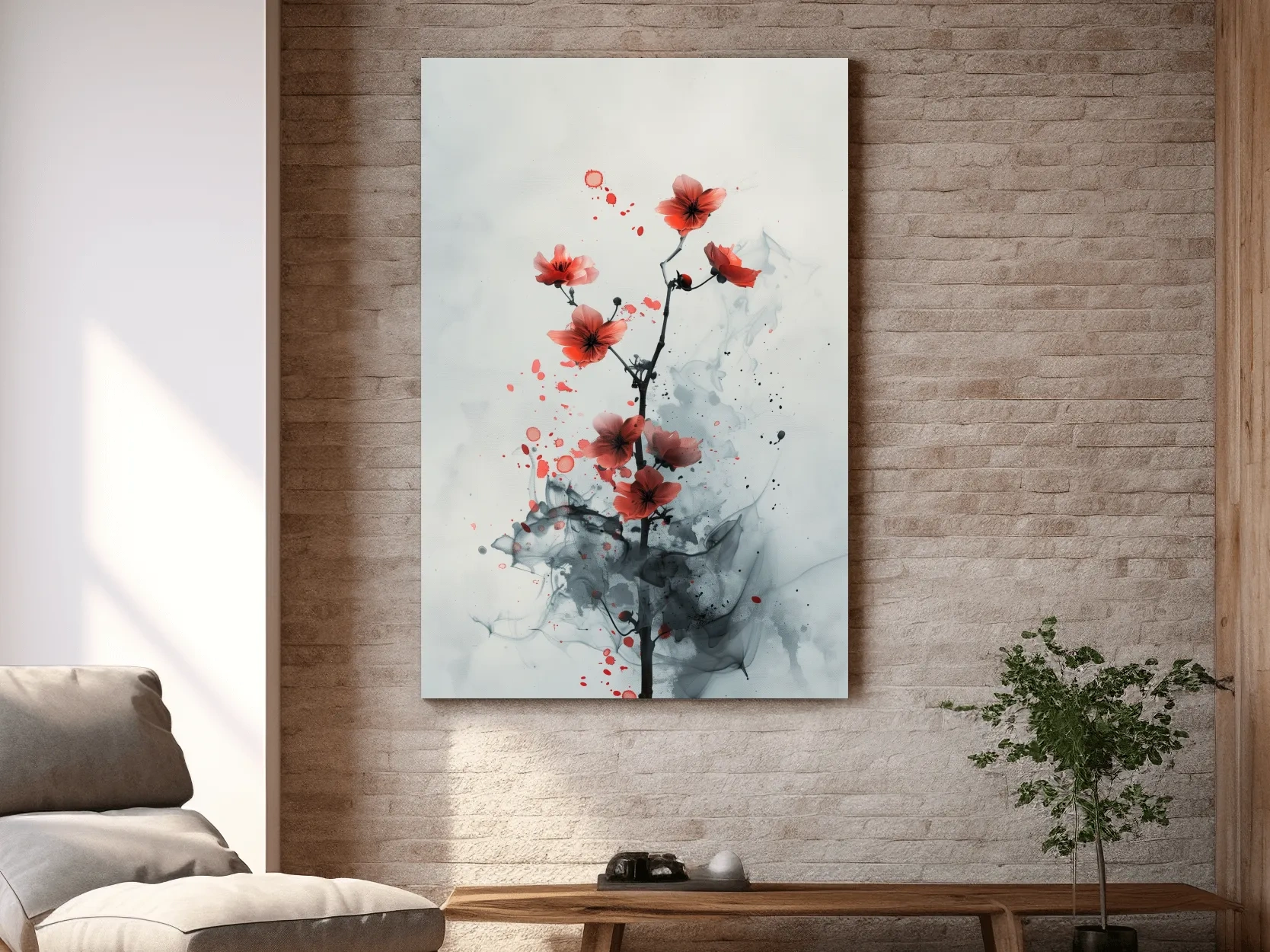 Red Cherry Blossom Ink Wash Painting - Minimalist Floral Wall Art