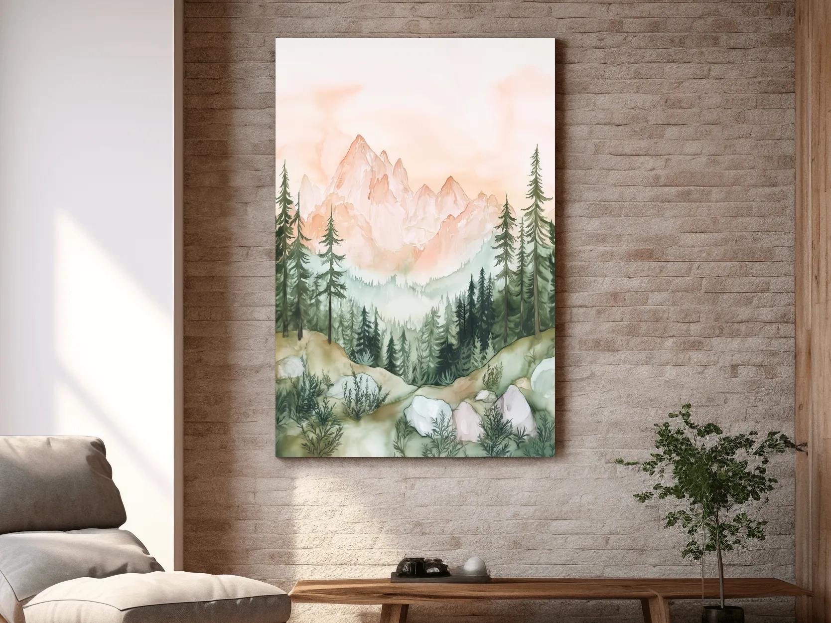 Pastel Watercolor Mountain Peaks & Pine Forest - Serene Alpine Landscape Artwork