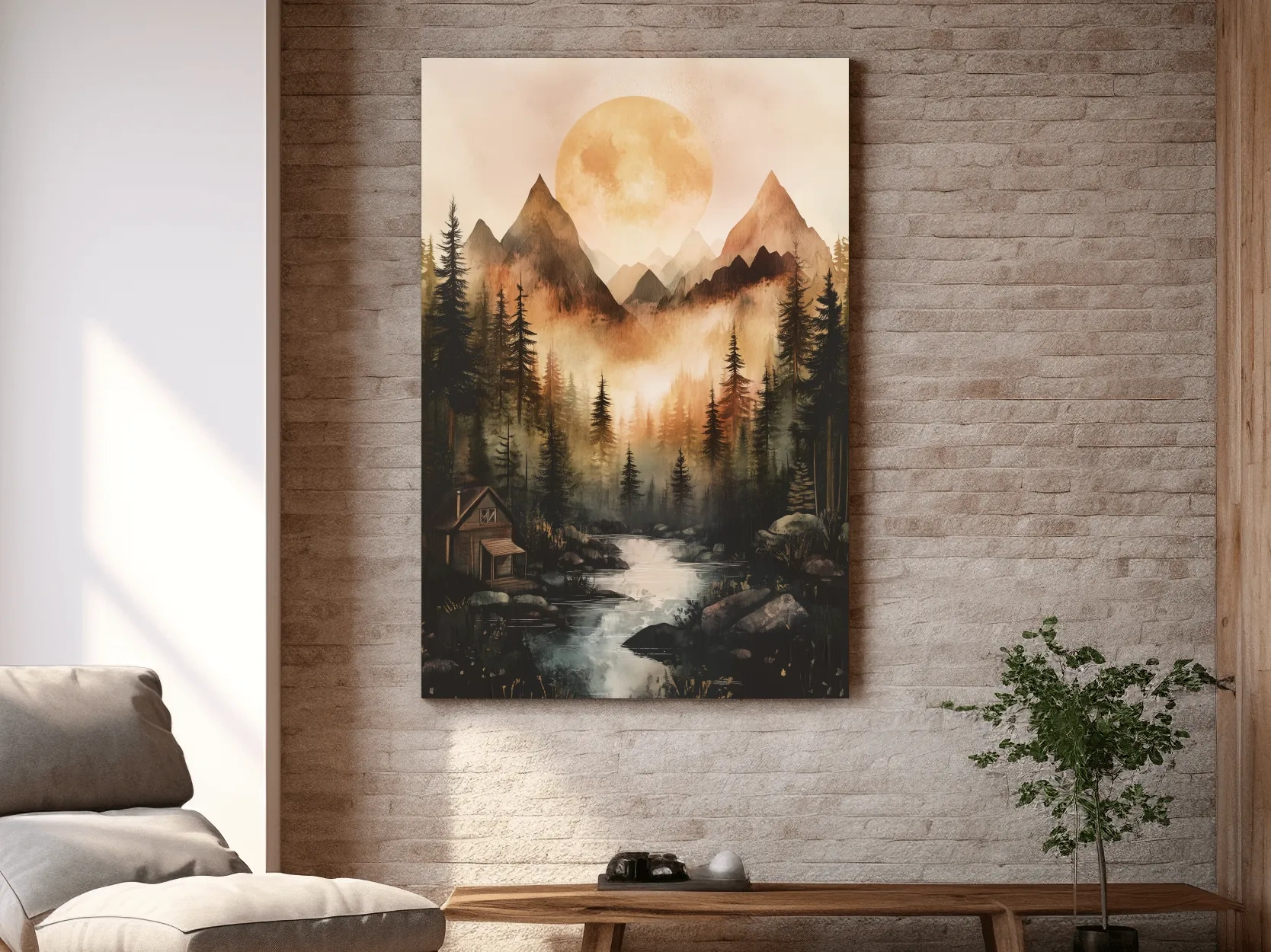 Misty Mountain River Cabin Watercolor - Rustic Forest Wall Art