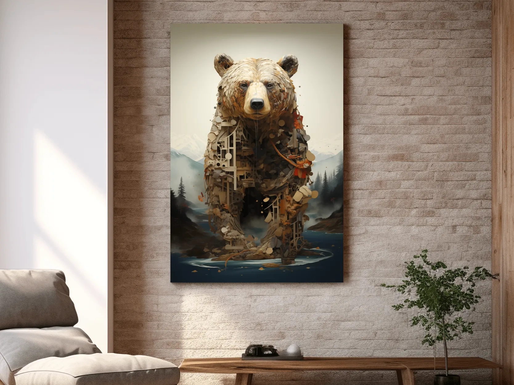 Surreal Grizzly Bear Collage Illustration - MC Escher Style Wildlife Wall Art
