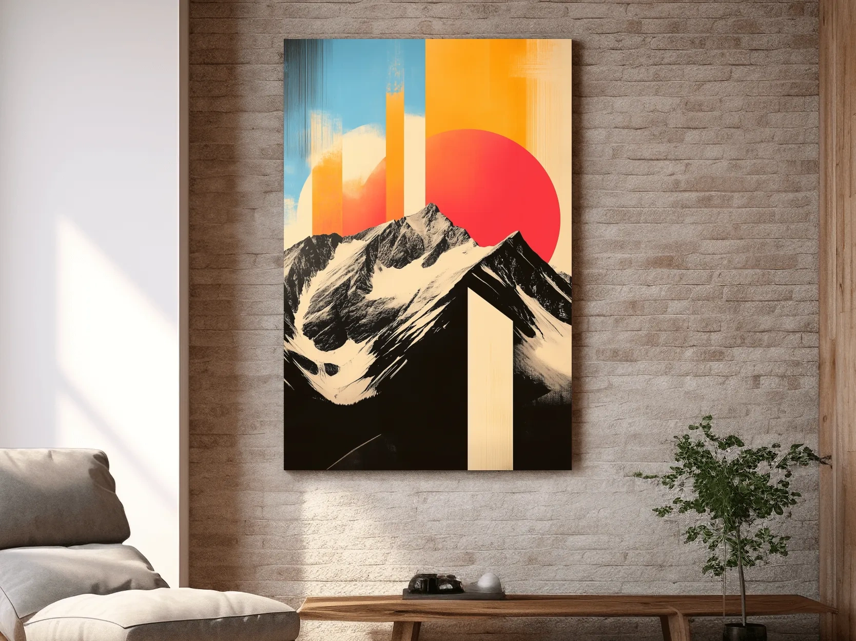 Retro Snowcapped Mountain Sunset Collage - Modern Geometric Landscape Wall Art
