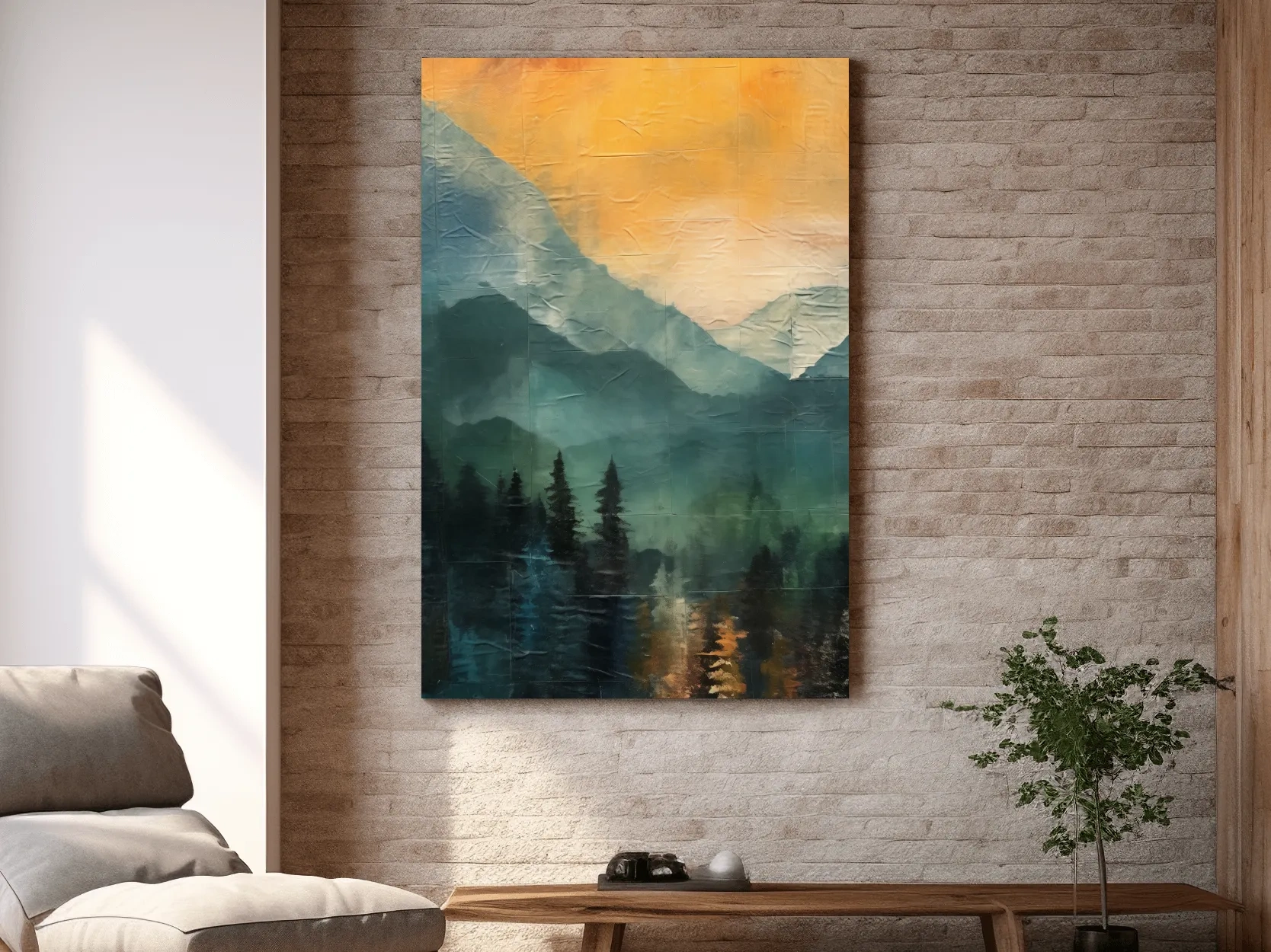 Rustic Misty Mountain Lake Reflection - Textured Watercolor Style Sunset Wall Art