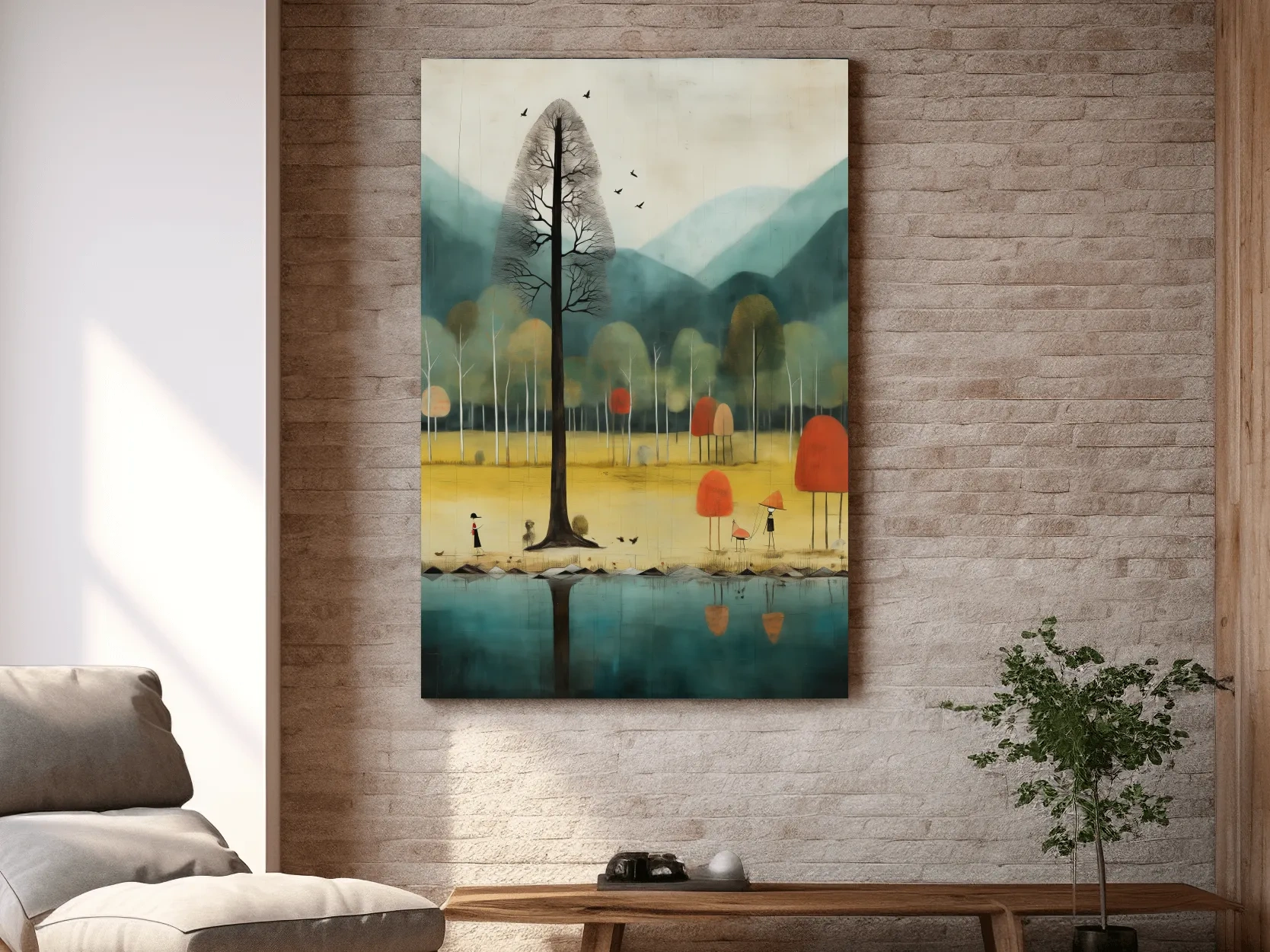 Whimsical Autumn Forest Lake Landscape - Quirky Nature Wall Art