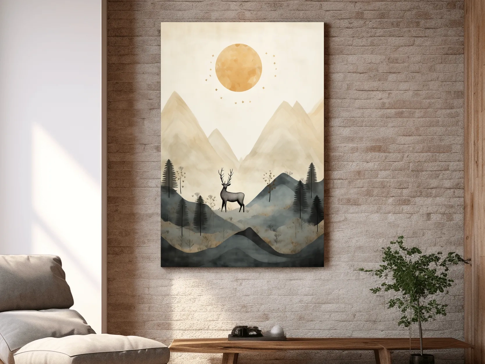 Boho Deer In Misty Mountains - Woodland Landscape Wall Art