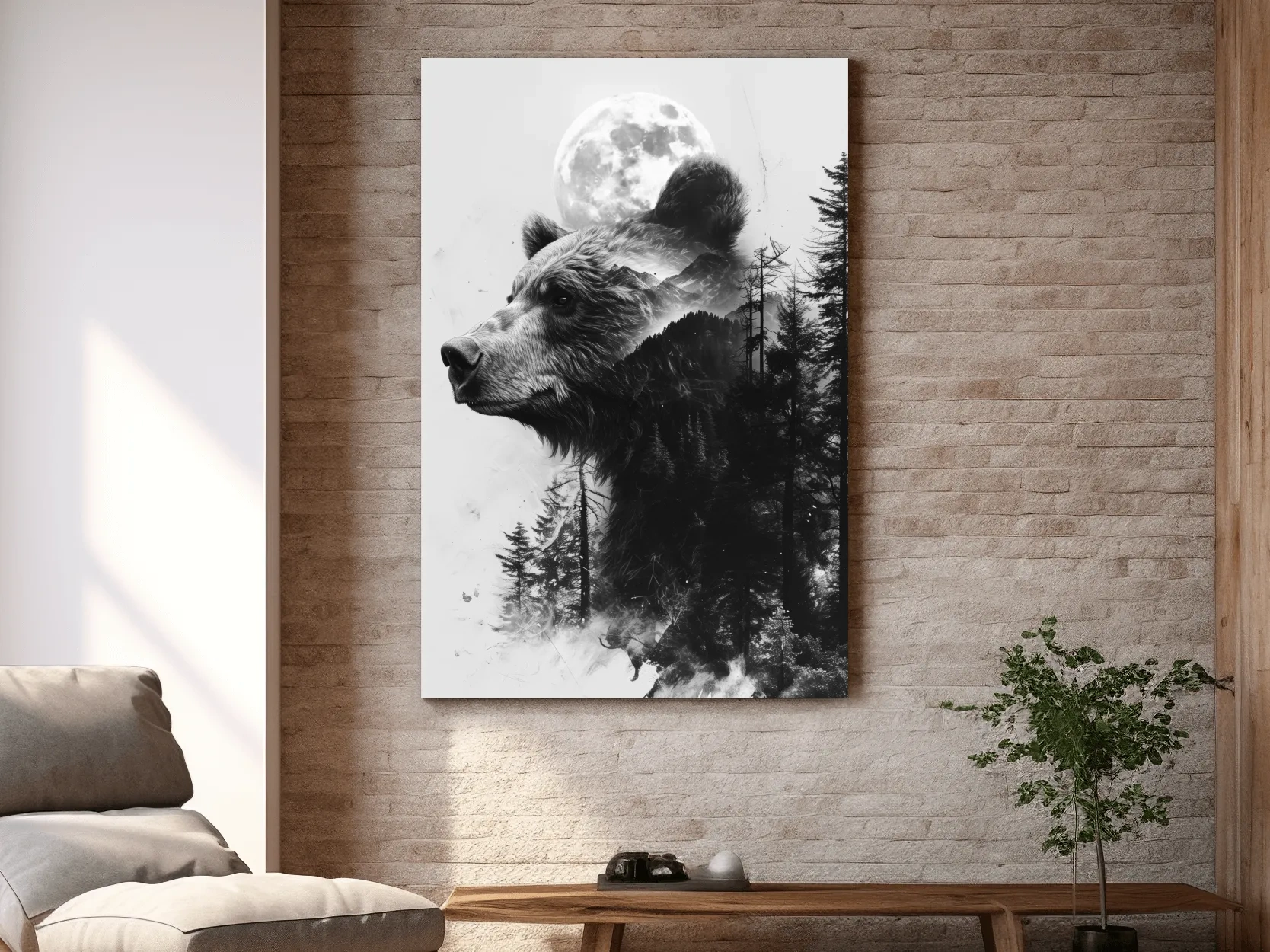 Grizzly Bear Double Exposure Drawing - Moonlit Pine Forest Wildlife Wall Art