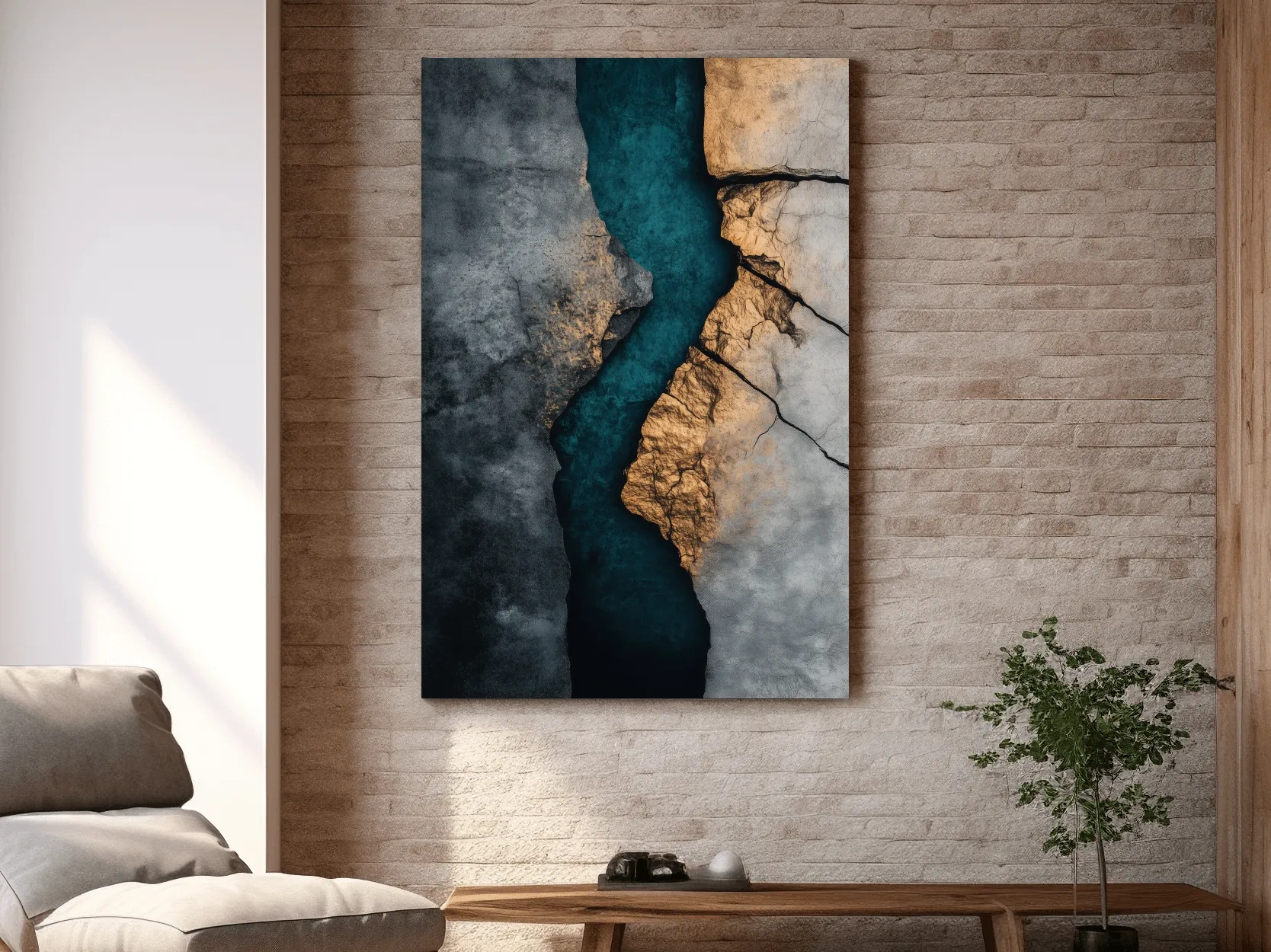 Cracked stone and turquoise abstract wall art, natural geological textured artwork