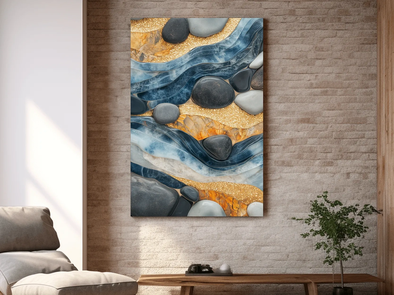 Abstract Blue River Stone Mosaic - Modern Pebble Texture Wall Art