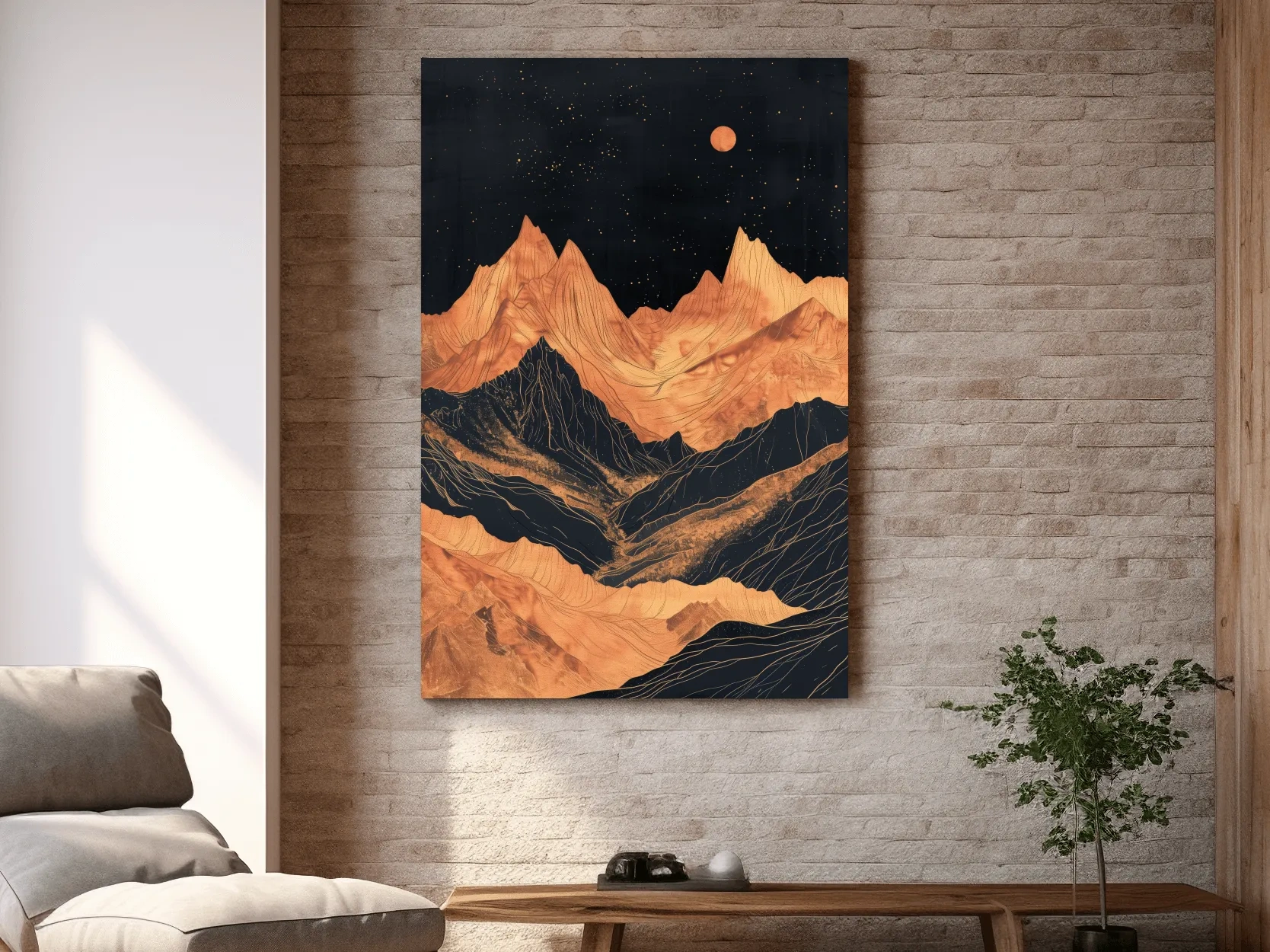 Moonlit elegant mountain artwork, metallic block print effect