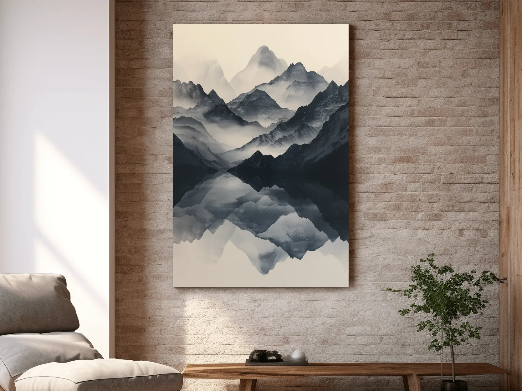 Monochrome Misty Mountain Reflection Landscape - Minimalist Japandi Wall Art