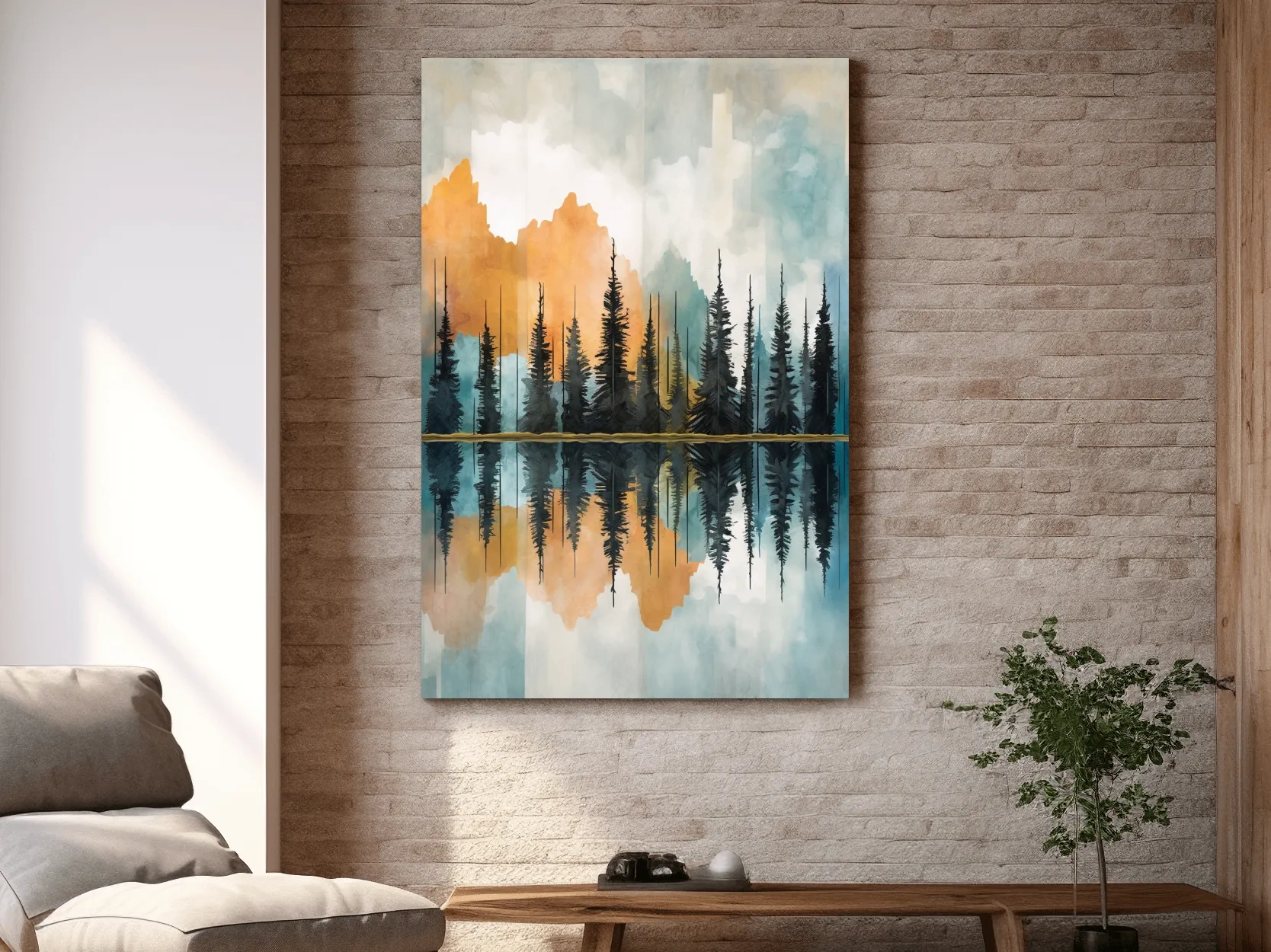 Abstract watercolour painting of trees along a lake