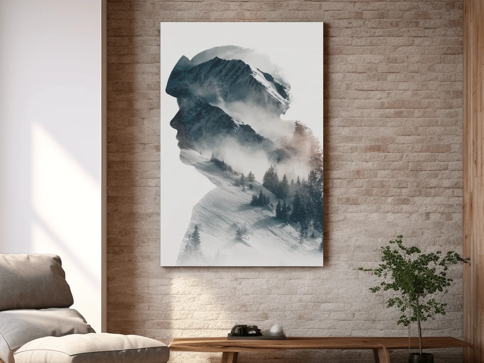 Surreal Double Exposure Skier & Mountain Portrait - Moody Misty Alpine Forest Wall Art