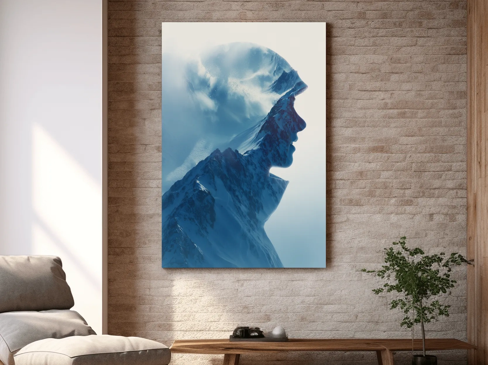 Double Exposure Mountain & Skier Portrait - Modern Snowy Alpine Wall Art