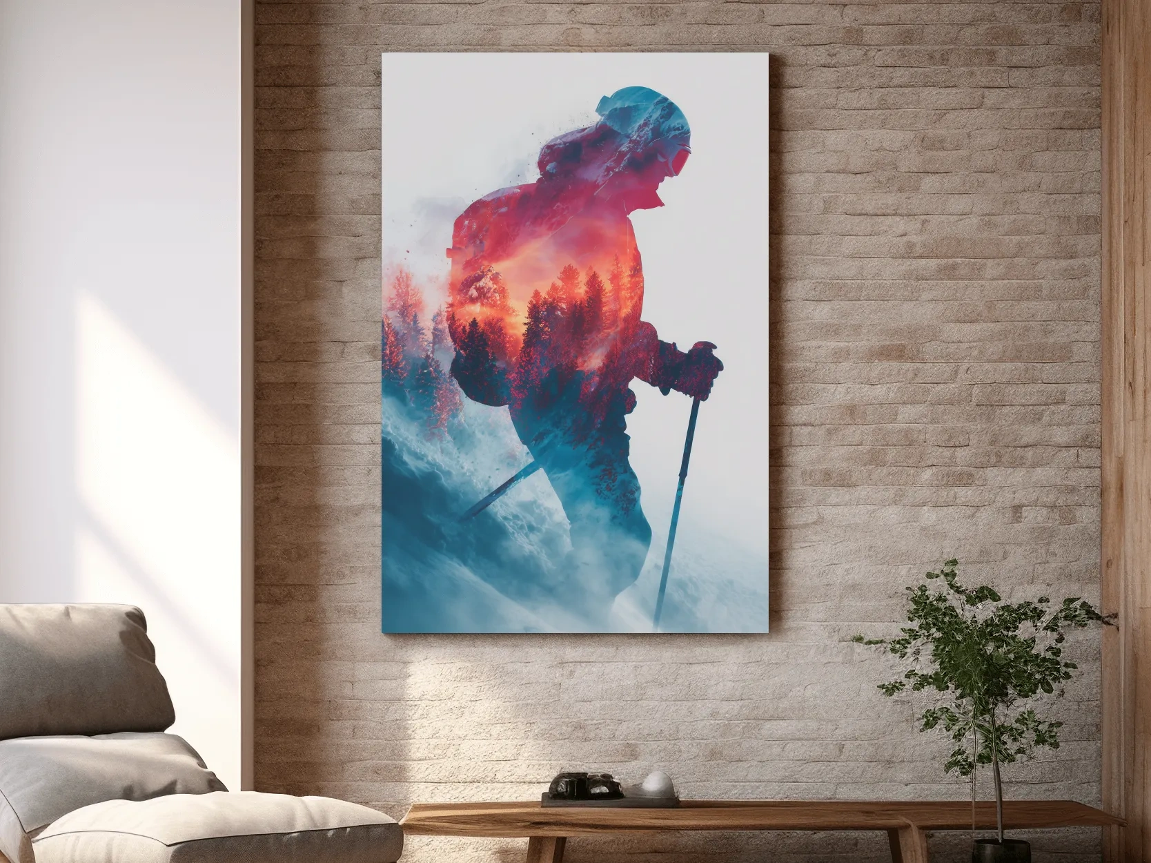 Double Exposure Skiier Silhouette Forest Sunset - Adventure Mountain Landscape Artwork