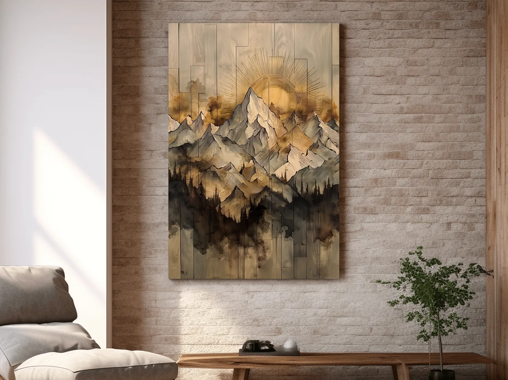 Sunrise Alpine Mountain Range Illustration - Rustic Watercolor Landscape Wall Art