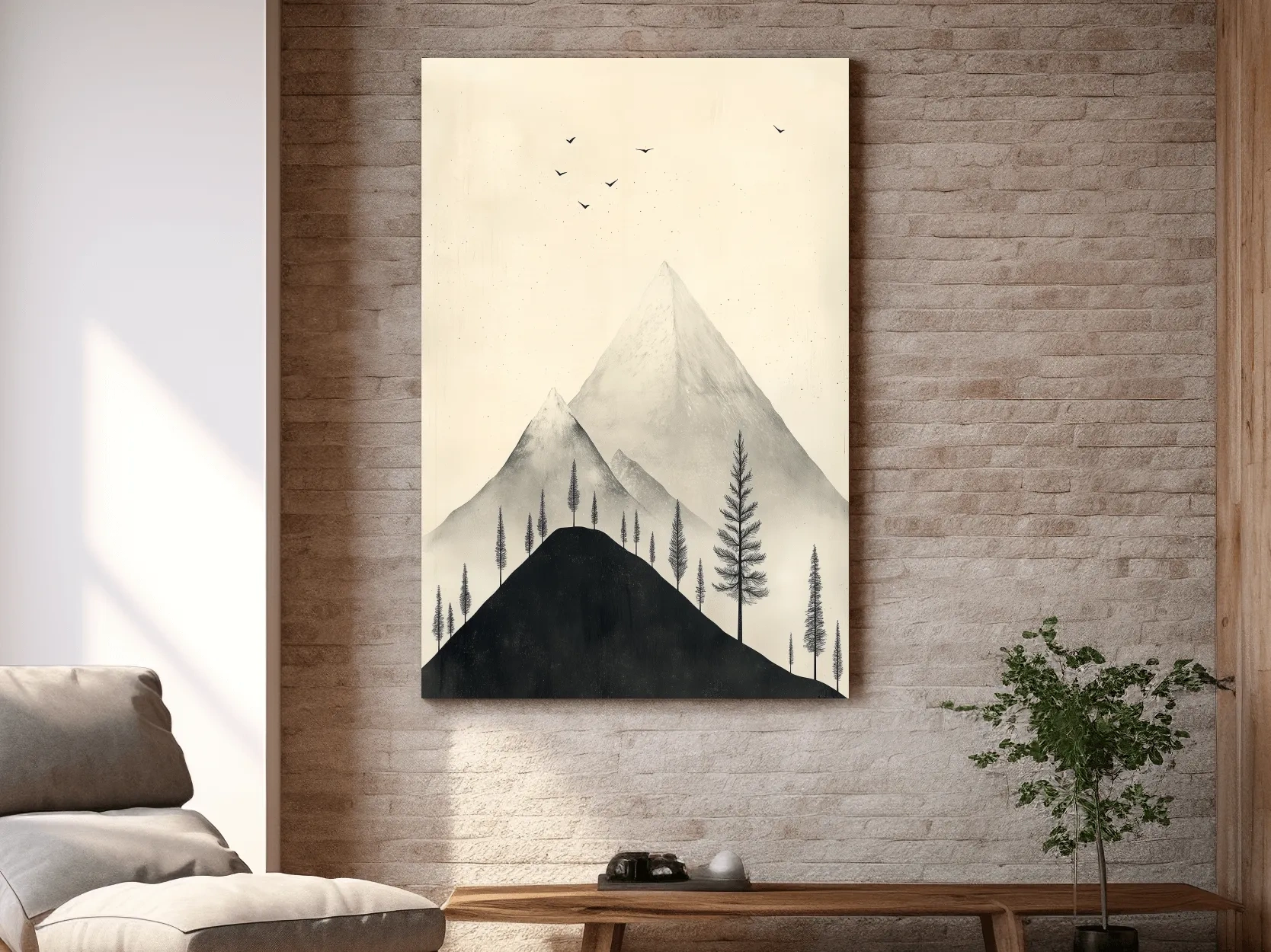 Minimalist Misty Mountain Peaks With Pine Trees - Monochrome Scandinavian Landscape Artwork