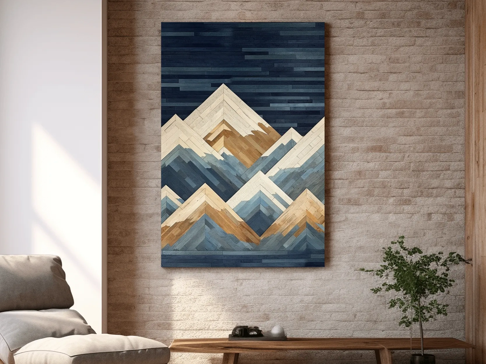 Geometric Layered Mountain Peaks - Wood Texture Landscape Wall Art