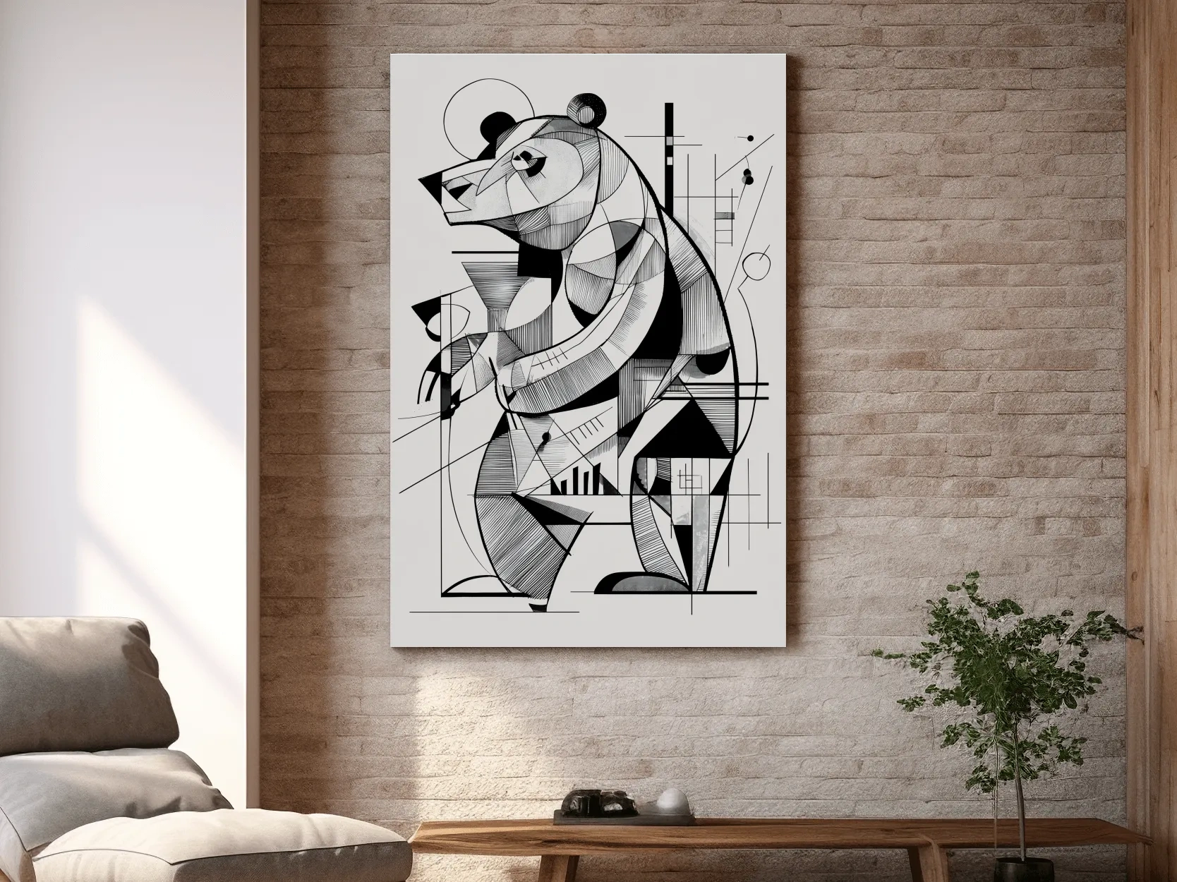 Cubism Abstract Bear Artwork - Modern Black And White Wildlife Wall Art