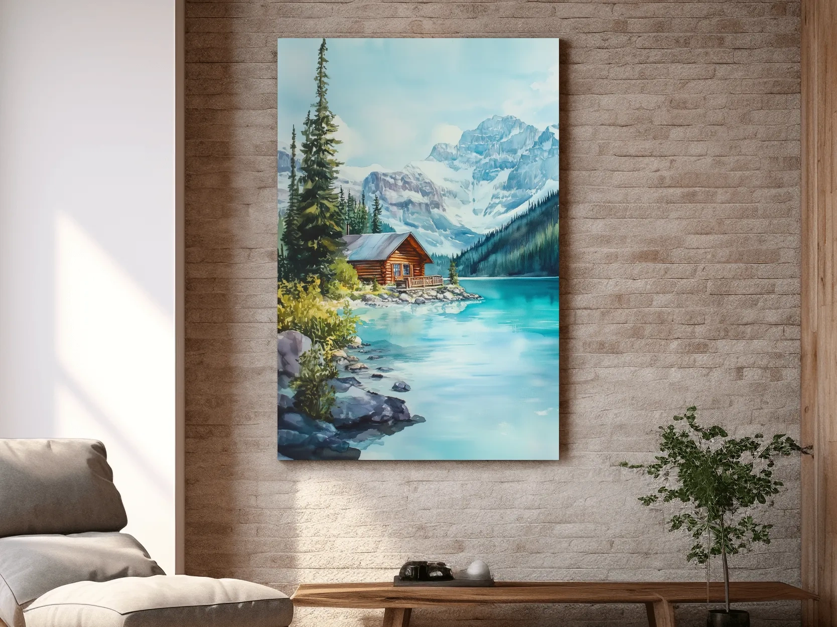 Turquoise Alpine Lake Cabin Watercolor - Serene Snowy Mountain Wall Art