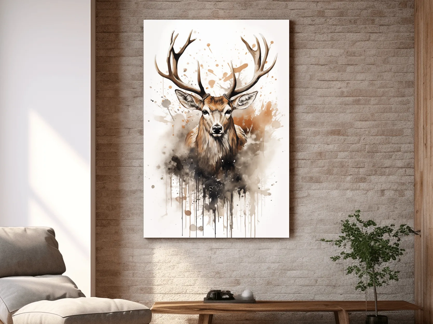 Majestic Stag Watercolor Splash Painting - Rustic Wildlife Wall Art
