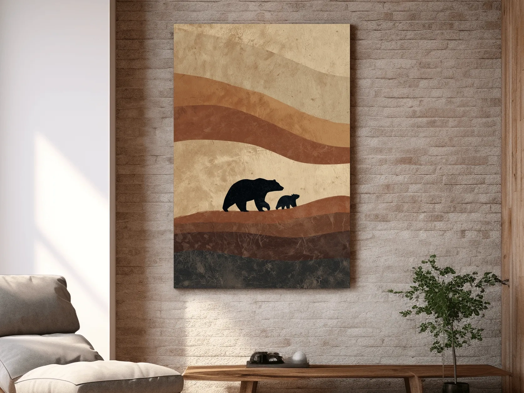 Scandi Bear Family Silhouette Artwork - Earthy Abstract Wildlife Wall Art