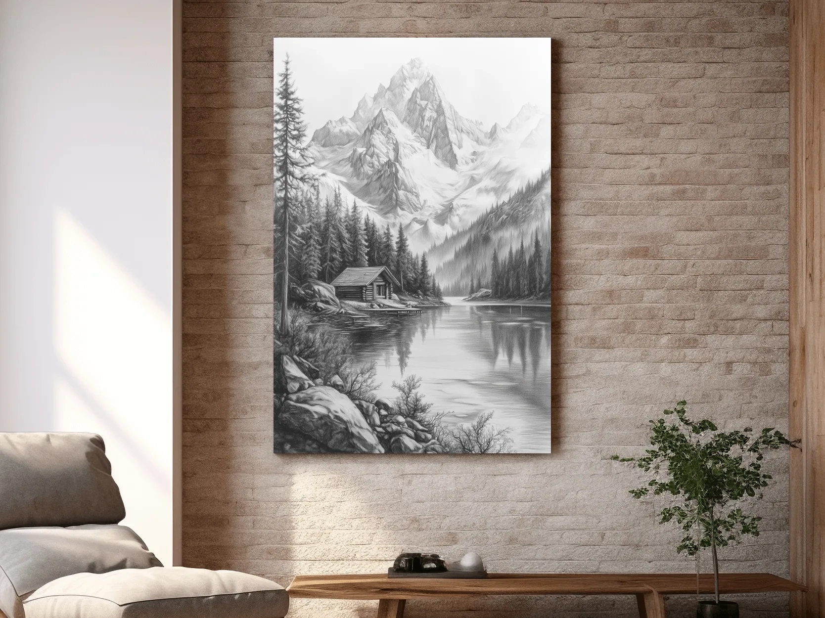Monochrome Alpine Lake Cabin Sketch Art - Mountain Drawing Wall Art