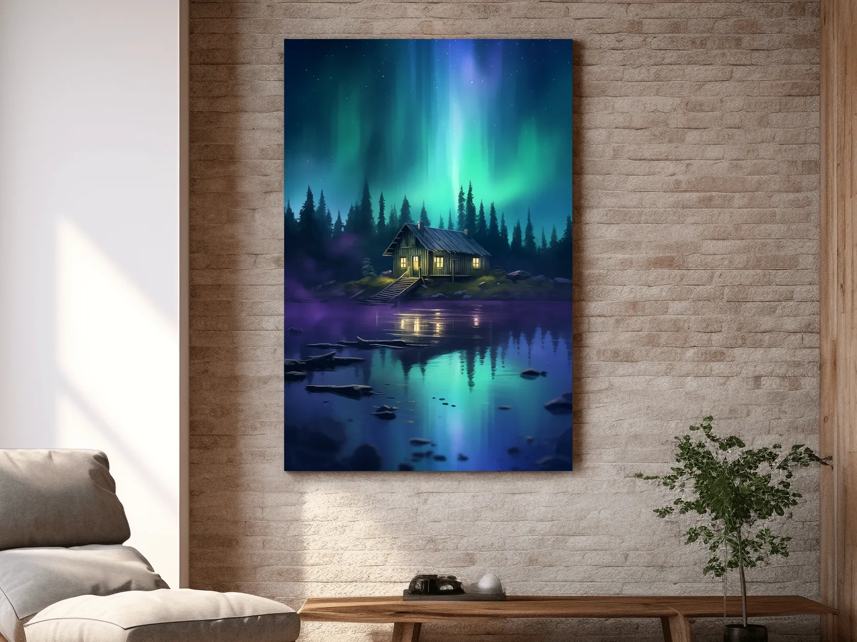 Vibrant Northern Lights Cabin Lake Painting - Aurora Borealis Night Wall Art