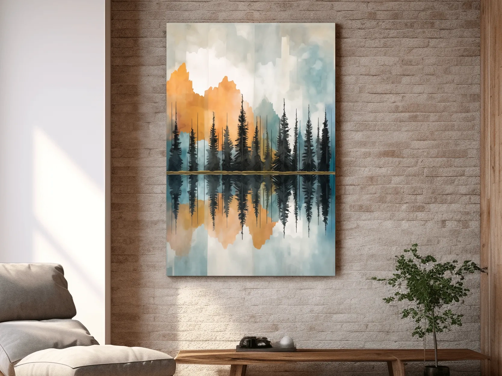 Abstract Watercolor Mountain Lake Reflection - Alpine Forest Landscape Artwork