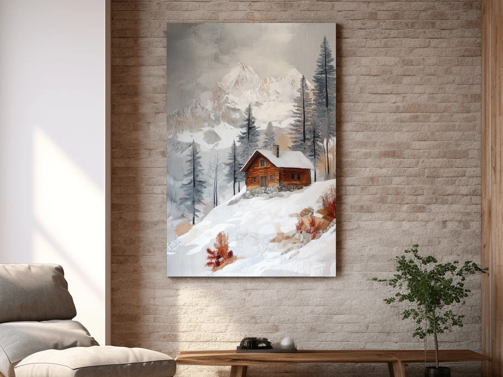 Snowy Mountain Cabin Landscape Painting - Rustic Winter Wilderness Wall Art