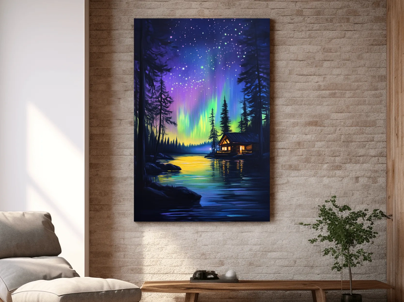 Vibrant Northern Lights Lakeside Cabin Painting - Aurora Borealis Night Landscape Wall Art
