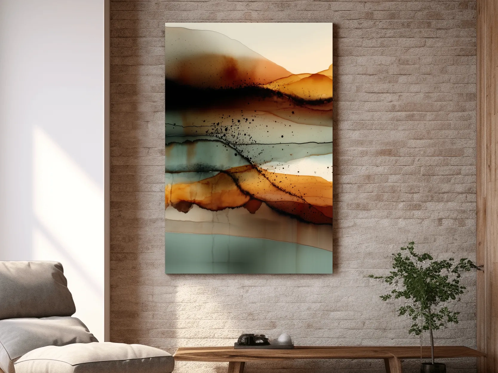 Earth Tone Ink Wash Mountain Landscape - Abstract Modern Wall Art