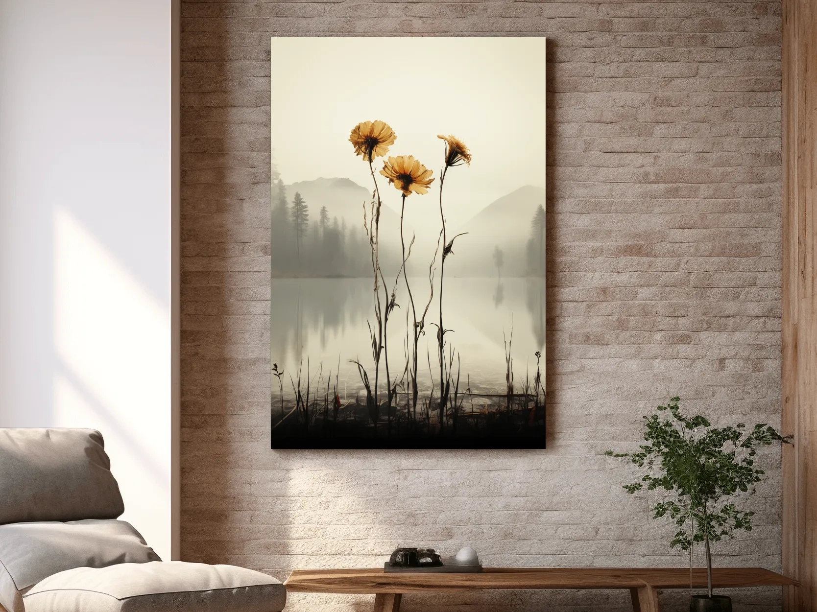 Wildflower Misty Lake Landscape - Minimalist Botanical Wall Art