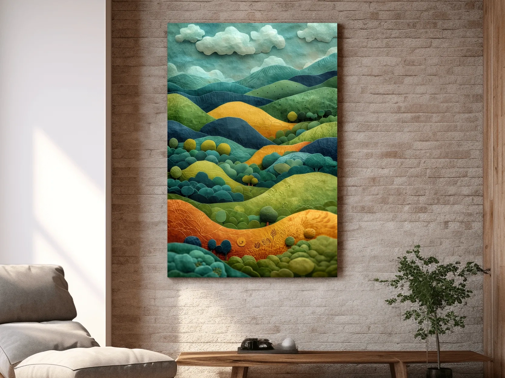 3D Layered Paper Cut Style Mountain Artwork - Whimsical Surreal Landscape Wall Art
