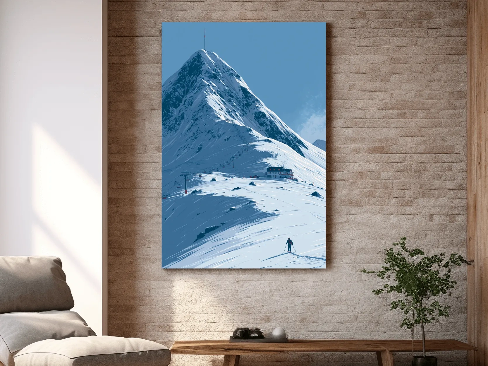 Alpine Mountain Skier Artwork - Minimalist Winter Landscape Wall Art