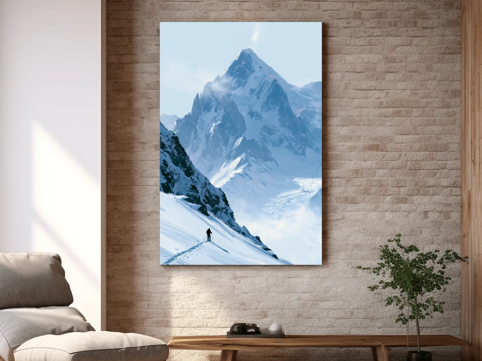 Backcountry Skier Alpine Peak Landscape - Minimalist Winter Mountain Wall Art