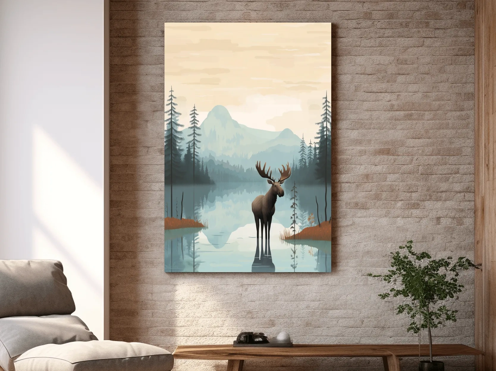Moose Mountain Lake Illustration - Nursery Forest Mountain Wall Art