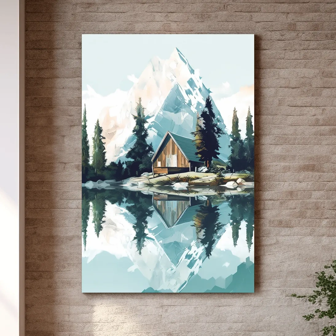 Serene Alpine Cabin Lake Painting - Mountain Landscape Wall Art