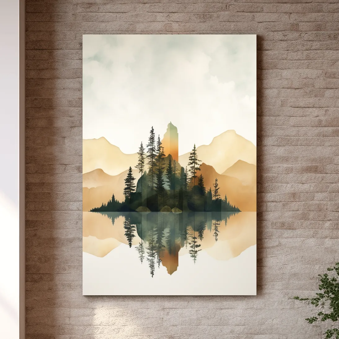Minimal watercolour painting of alpine trees by a lake