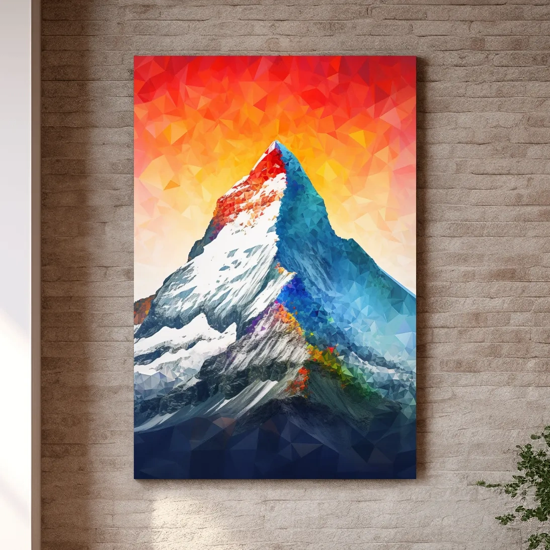 Vibrant abstract mountain painting, sunset over a glacier